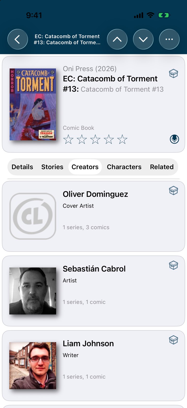 ComicLand comic detail screen showing cover art and creator credits
