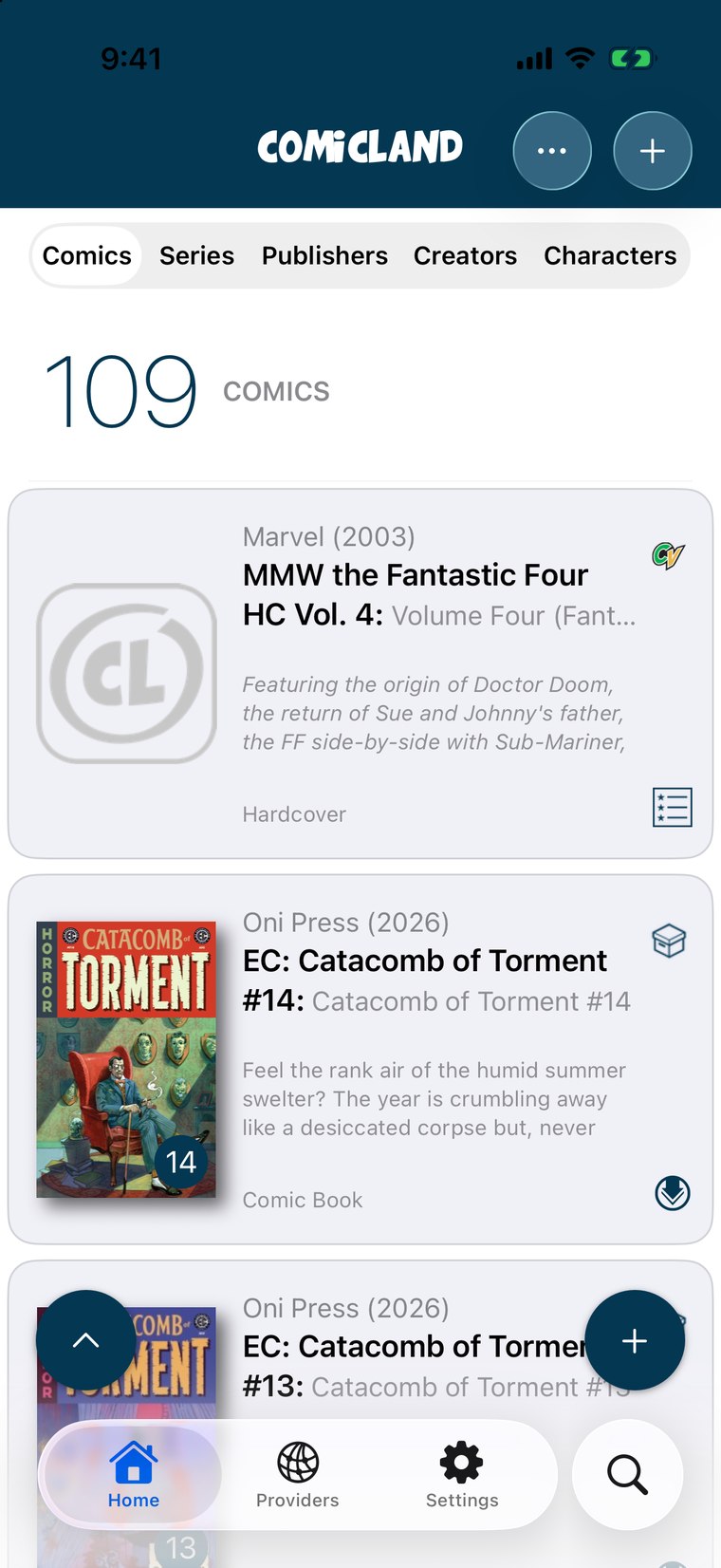 ComicLand collection screen showing a list of comics